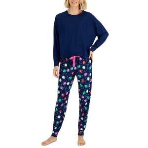Jenni Long Sleeve Pajama Set in Navy Christmas Light XS New